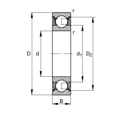 深沟球轴承 61807-2Z, 根据 DIN 625-1 标准的主要尺寸, 两侧间隙密封