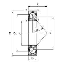 角接触球轴承 7307-B-JP, 根据 DIN 628-1 标准的主要尺寸，接触角 α = 40°